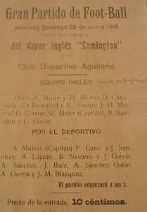 Anuncio de un partido de 1918 entre el Deportivo Aguile�o y un equipo de un barco ingl�s